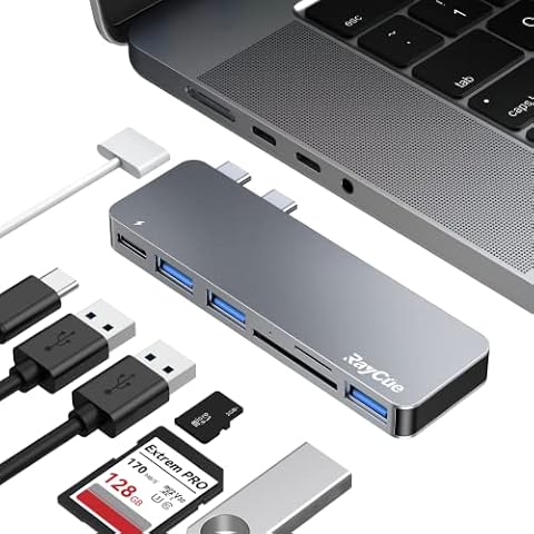 RayCue USB C Hub Adapters for MacBook Pro/MacBook Air M1 M2 M3 2023 2022 2021 2020 2019 13" 14" 15" 16", 6-in-2 Multiport MacBook Adapter with Thunderbolt 3, 3 USB 3.0 Ports, SD/TF Card Reader Cover