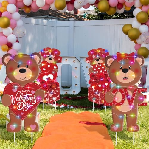 Bencailor 4 Pcs Valentine's Day Outdoor Decorations Valentine's Day Bear Yard Signs Stakes with LED Light Love Bear Heart Rose Lawn Decor for Holiday Lawn Patio Party Wedding Anniversary Decor by Bencailor - Image 7