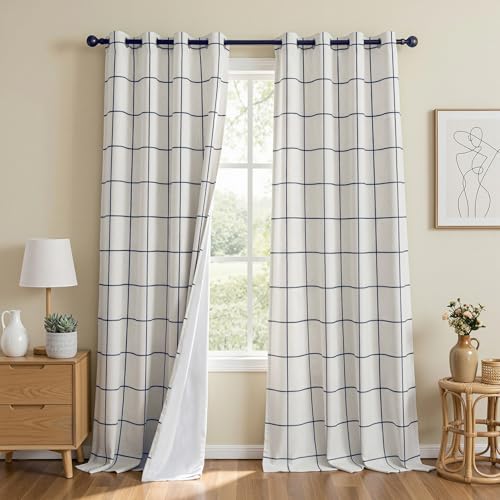 Image of MYSKY HOME 100% Blackout Plaid Linen Ceiling Curtains 102 Inch Long 2 Panels Set Double Layer Farmhouse Thermal Insulated Checkered Print Drapes for Living Room Bedroom, 2 Pcs, 52 inch Wide, Navy Blue