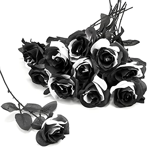 TUZAZO 10pcs Black and White Roses Artificial Flowers with Stems, Faux Silk Flowers Bridal Gothic Wedding Bouquet, Realistic Blossom Flora for Home, Office, Hotel Decorations