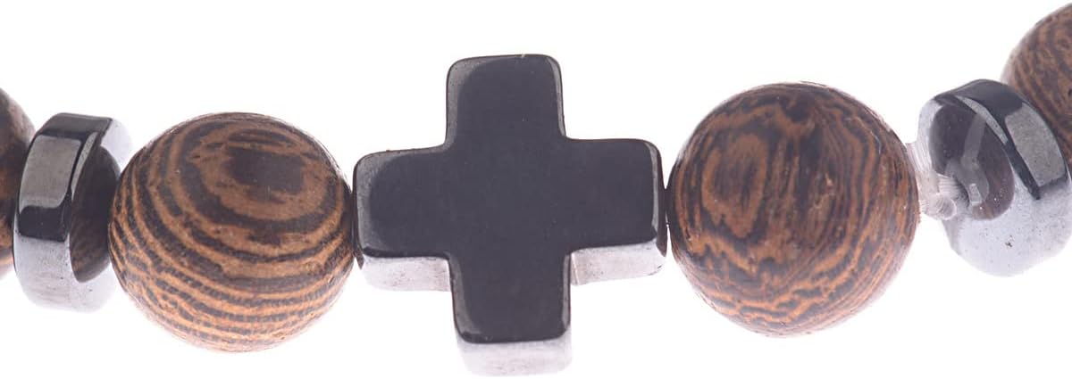 COLORFUL BLING Wood Beaded Cross Stretch Rosary Bracelet for Men First Communion Religious Cross Statement Wrist Bangle Faith Prayer Jewelry - Image 6