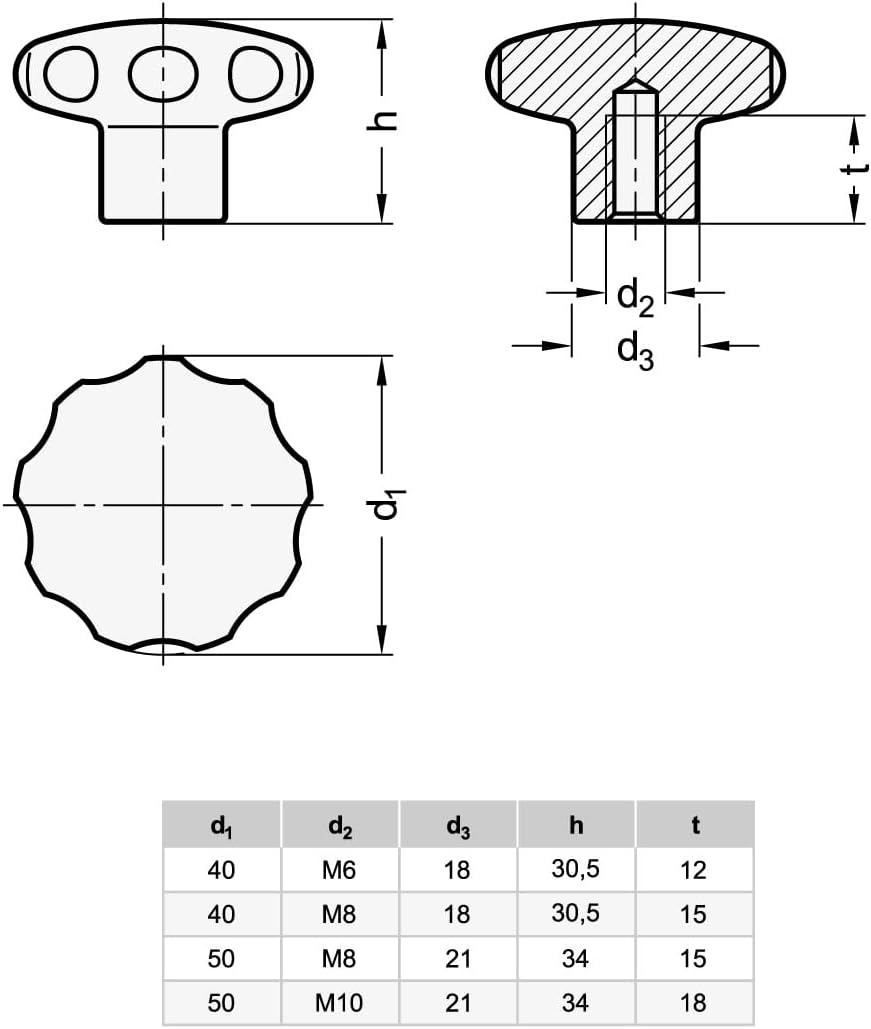 Star Handle, Stainless Steel, GN 5335-50-M8-E, matt Blasted, Handle Diameter 50 mm, Thread M8
