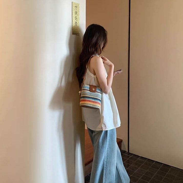 Rainbow Bucket Shoulder Bag Women Woven Handbag for Summer Vacation3