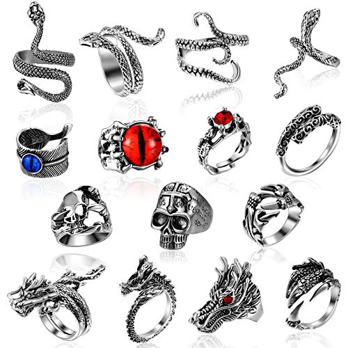 Hicarer 15 Pieces Vintage Punk Rings Set Gothic Snake Dragon Claw Skull Rings Retro Adjustable Open Rings for Men Women