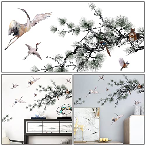 Drwssr Chinese Style Pine Tree Crane Wall Art Mural Pine Branches And Leaves Wall Decals Diy Removable Peel And Stick Landscape Painting Wall Stickers For Living Room Bedroom Study Porch Home Decoration #TOP1