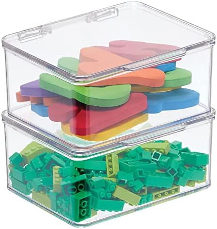 mDesign Plastic Playroom and Gaming Storage Organizer Box Containers with Hinged Lid for Shelves or Cubbies, Holds Small Toys, Building Blocks, Puzzles, Markers, Controllers, or Crayons, 2 Pack, Clear, 5.6 x 6.6 x 3