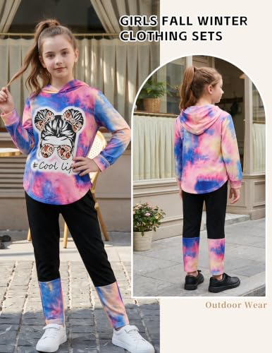 Image of Girls 2 Pcs Fall Winter Tie Dye & Leggings Outfits For Teens 5-14 | 2026 Girls Fashion Trendy, Long Sleeve Hoodie, Cool Life Print, Patchwork Pants, Back to School Holiday Tracksuit