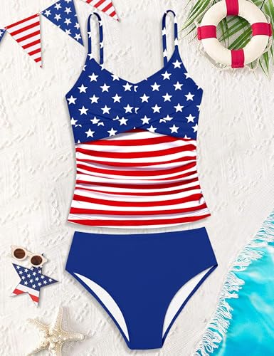 Image of Girls Swimsuit 2 Piece Bathing Suit Criss Cross Ruched Girl Tankini Sets Printed Girls' Swimwear for 9-18 Years