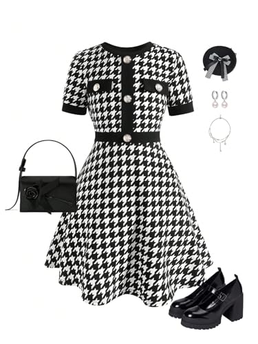 Floerns Girl's A Line Houndstooth Dress Button Short Sleeve Crew Neck Short Dresses2