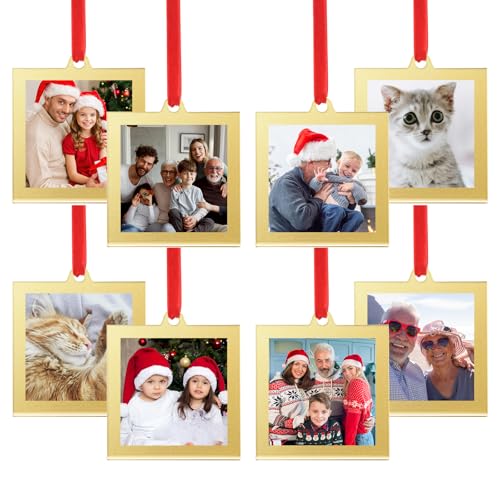 UNIQOOO 8 Pcs Christmas Acrylic Gold Photo Frame Ornaments for Display Picture 2.5 x 2.5 inch Festive Hanging Decoration Double-Sided Picture Frames for Holiday Season Home Party Xmas Tree Decor
