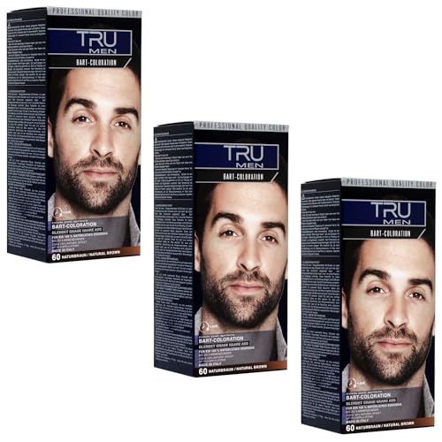 TRU Men Bart-Coloration Färbemittel, 30ml (60 - Naturbraun) 3er Pack – Perfekte Abdeckung grauer Haare für ein natürliches Bartstyling