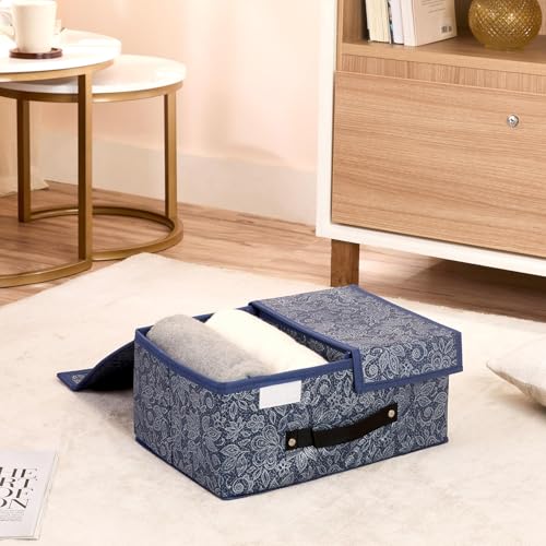 Image of Amazon Brand - Solimo Double Lid Foldable Storage Box | Toys Storage Bin | Wardrobe organizer for Clothes | Front Handle | Stackable Rack | 36 x 25 x 16 cm (Flower Print, Navy Blue)