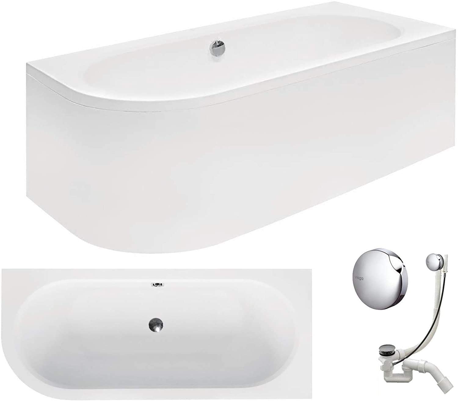 VBChome Bañera de 170 x 75 cm, acrílico, juego de delantal, sifón, esquina, bañera de esquina, color blanco, diseño moderno para 2 personas a la derecha (bañera de 170 x 75 a la derecha