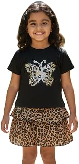 Girls 2-Piece Summer Outfit Set – Black Cotton T-Shirt with Sequin Butterfly Patch and Tiered Leopard Print Ruffle Skirt –... Price In India
