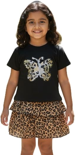 Girls 2-Piece Summer Outfit Set – Black Cotton T-Shirt with Sequin Butterfly Patch and Tiered Leopard Print Ruffle Skirt –...