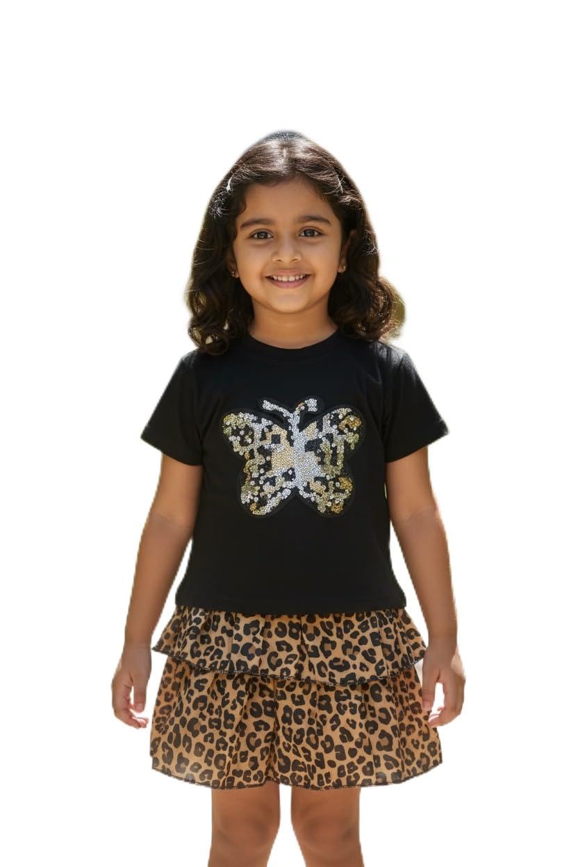 Girls 2-Piece Summer Outfit Set – Black Cotton T-Shirt with Sequin Butterfly Patch and Tiered Leopard Print Ruffle Skirt –... - Review, Price and Buying Guide