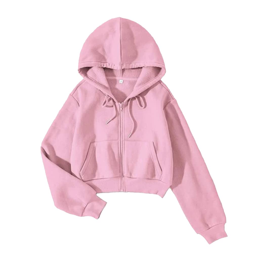 LOFAAC Women Fleece Full Zip Up Cropped Hoodie Sweatshirt 90s Long Sleeve Drawstring Hooded Crop Jacket Top with Pockets