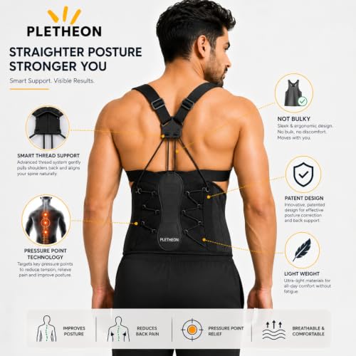 Image of PLETHEON Posture Corrector Belt for Men & Women | Fits 28-46 Inch | Adjustable Thread Support for Customized Fit and Better Posture
