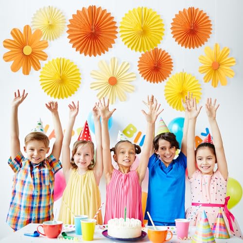 Image of 11PCS Paper Flowers Decorations for Wall Daisy Paper Fans Classroom Decoration Paper Orange Backdrop Decor Hanging Paper Fans for Birthday Baby Shower Indoor Spring Deco