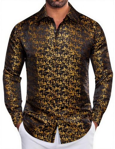 Mens Floral Shirts Silk Woven Long Sleeve Button Down Shirt Paisley Shirt Causal Formal Business Wedding Designer3