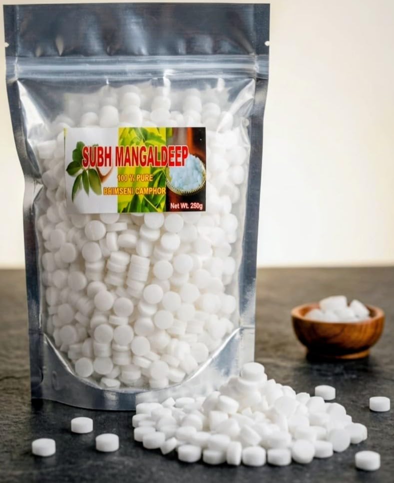 Subh Mangaldeep 100% Pure Bhimseni Camphor Tablets for Puja, Aarti and Havan, Natural Aroma, White, 250g-image-4