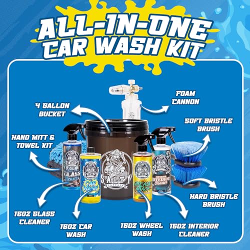 Salty Captain Ultimate 15-Piece Car Cleaning Kit – Car Wash Kit with 15L Bucket, Hand Mitt Towels, Brushes & 4x Cleaning Fluids – With Pressure Washer Snow Foam Cannon – Premium Quality