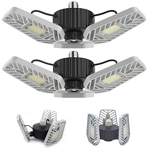 LZHOME 2-Pack LED Garage Lights, 6500Lumens E26/E27 Adjustable Trilights Garage Ceiling Light,60W LED Garage Light, CRI>80, 5000k Nature Light,Garage Lights with Adjustable Panels(No Motion Activate) Cover