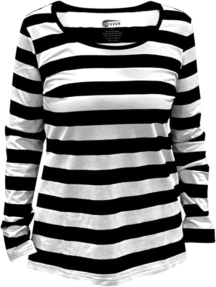 COUVER Womens Black/White or Red/White Long Sleeve Stripe Shirt for Costume & Cosplay