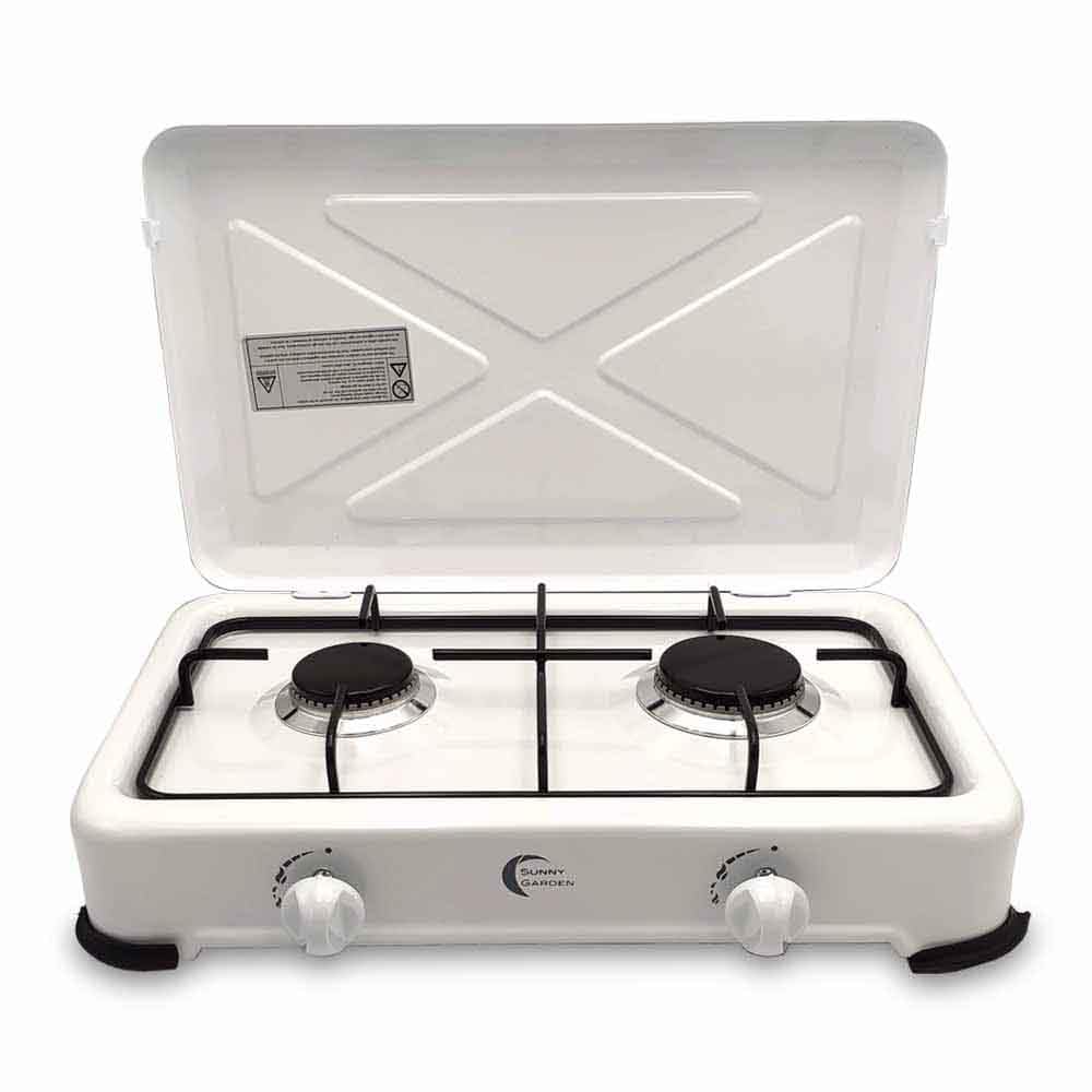 Hornillo de Gas portátil 2 Fuegos - Control de Llama - Estufa de Camping compacta con Tapa - Ideal para Camping, Exterior y Viajes - 4 Patas de Goma Antideslizantes - Color Blanco