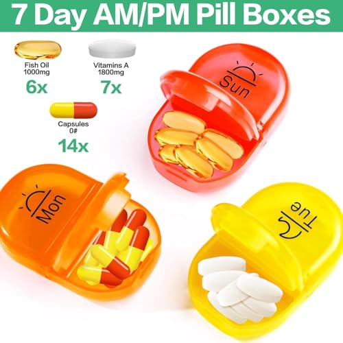 Image of Serfeymi Weekly Travel Pill Organizer 2 Times A Day AM PM Upgraded Rainbow Pill Box 7 Day with Portable Zipper PU Leather Pill Case, Medicine Organizer for Pills, Vitamins, Fish Oils - Pink 03