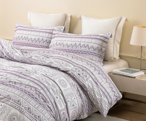 Image of SLEEPBELLA Boho Chic Striped King Size Duvet Cover Set - 100% Cotton with Button Closure in White and Purple