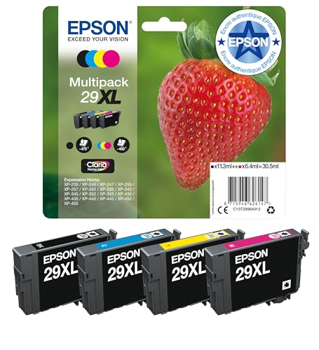 Epson Multipack 29XL Fraise, Cartouches d'encre d'origine XL Haute capacité, 4 couleurs: Noir, Cyan, Magenta, Jaune, XP-235 XP-243 XP-245 XP-247 XP-255 XP-257 XP-332 XP-335 XP-342 XP-345 XP-352 XP-355 Epson Multipack 29XL Fraise, Cartouches d'encre d'origine XL Haute capacité, 4 couleurs: Noir, Cyan, Magenta, Jaune, XP-235 XP-243 XP-245 XP-247 XP-255 XP-257 XP-332 XP-335 XP-342 XP-345 XP-352 XP-355