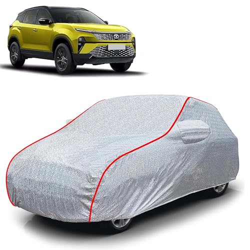 Image of Sulfar 100% Waterproof Car Body Cover Compatible with Mirror for Tata Harrier (Triple Stitched, Full Bottom Elastic, Magic Silver with Red Piping)