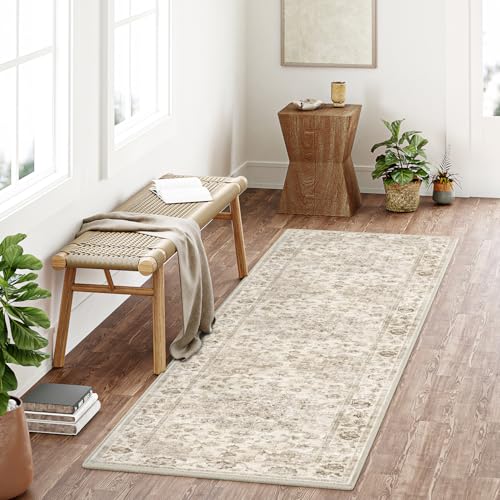 WondRg 2x8 Washable Neutral Runner Rug Beige Vintage Hallway Kitchen Carpet Non-Slip Soft Low Pile Floral Throw Rug for Bedroom Bathroom Laundry Living Room