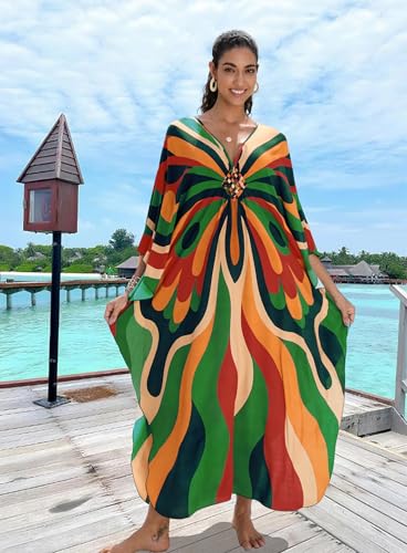 Image of Yanziliu Kaftan Dress for Women,Plus Size Hawaiian Batwing Sleeve Beach Cover Up Summer Swimsuit Dresses
