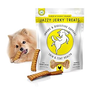 Jazzy Jerky Treats, Cluck-A-Licious Chicken with Prebiotics for Gut & Immune Health, Omega 3s & 6s for Skin & Coat Health, Made in The USA, 10 oz