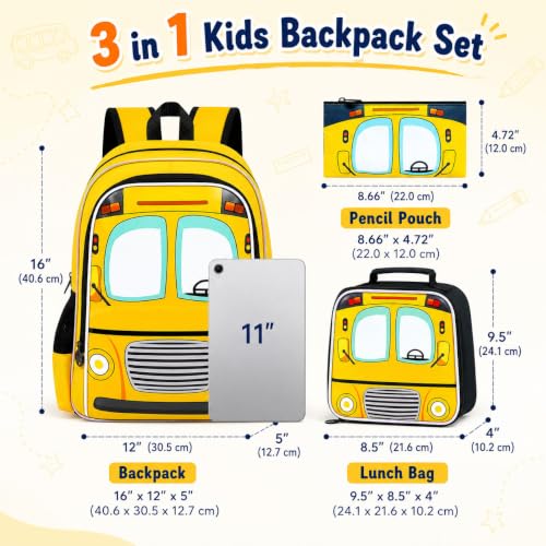 Image of WZLVO 3PCS Bus Bookbag for Boys, 16 inch Cool UV Printing Kids Backpack /School Bag with Lunch Box & Pencil Bag for Preschool to Elementary - Yellow Bus