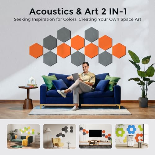 Image of Self-Adhesive Acoustic Panels [390 lbs /yd Ultra-High Density], 2nd Generation Sound Absorbing Panel, Professional Level Sound Panel, Polyester Soundproof Foam [Large Hexagon, Orange & Moon Grey]
