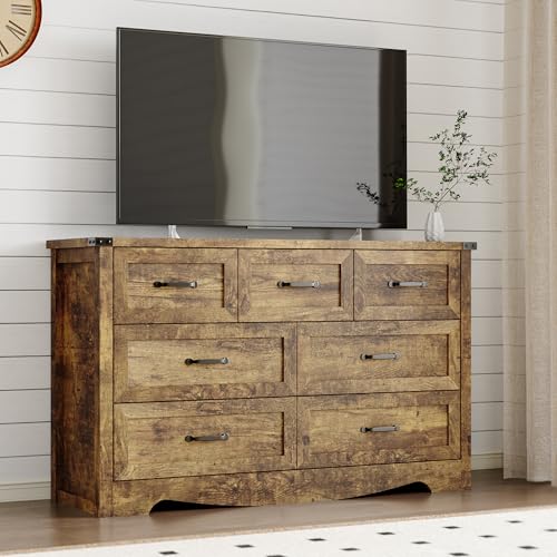 Image of BORNOON 7-Drawer Dresser for Bedroom, Modern Wooden Chest of Drawers with Metal Handles, Anti-Tipping Design, Sturdy and Stable Storage Organizer for Living Room, Entryway, Home Office
