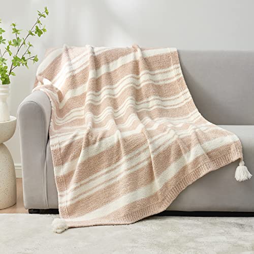 Snuggle Sac Tan Stripe Throw Blanket For Couch, Reversible Throw Blanket Warm Cozy Knit Fuzzy Plush Lightweight For Sofa, Bed, Camping, Picnic, 50 X 60 Inch #TOP8