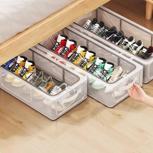 Image of NYALKARAN Shoe Rack Box Organizer Foldable Dustproof Shoe Storage with Stainless Steel Frame, Transparent Window & Zipper Stackable Under Bed Organiser (Transparent, Pack Of 1)