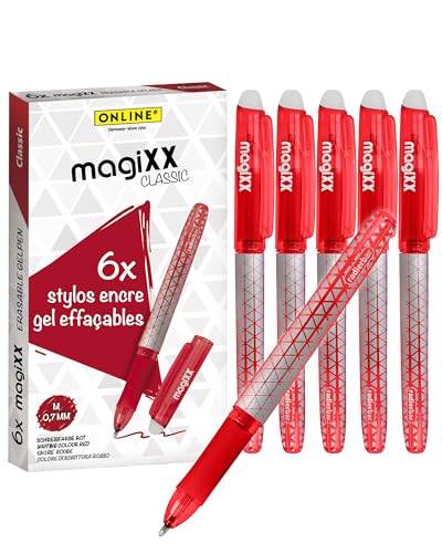 Online 6x stylo roller effaçable, encre gel rouge magiXX Classic, ergonomique avec partie soft grip, rechargeable, ideal pour enfants et pour l'école, pointe...