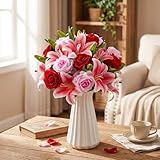 Hotop 20 Pcs Artificial Flowers Valentine's Day Velvet Realistic Roses and Latex Lilies Flowers Bouquet Decorations Arrangements for Home Table Centerpieces Wedding Decor(Pink,Red,Rose Red)