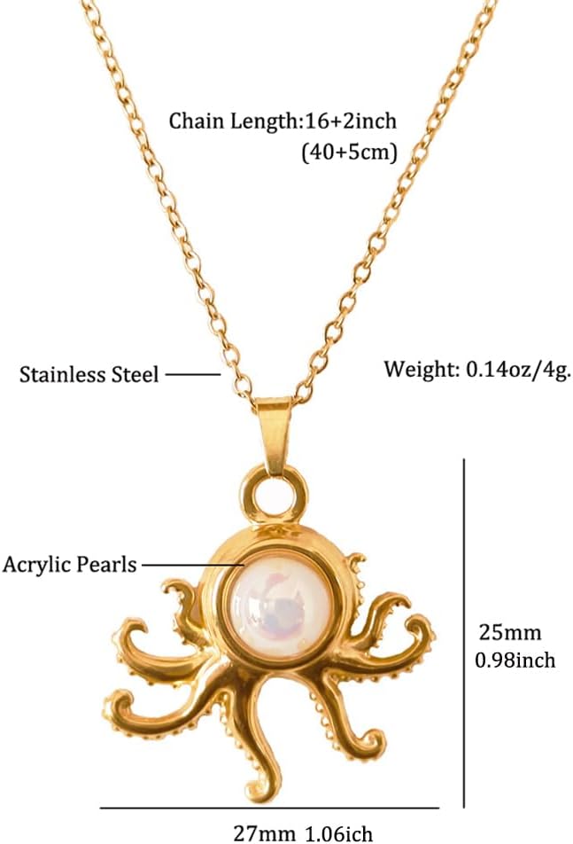 Octopus Necklace For Women 18k Gold Plated Stainless Steel Acrylic Pearl Trendy Boho Cute Octopus Hoop Huggie Dangle Drop Earrings And Necklace Set Ocean Summer Beach Jewelry - Image 6