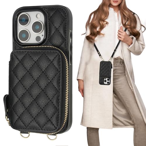 Bocasal Crossbody Wallet Case for iPhone 16 Pro RFID Blocking PU Leather Zipper Handbag Purse Flip Cover Kickstand Folio Case with Card Slots Holder Wrist Strap Lanyard 5G 6.3 Inch (Black)