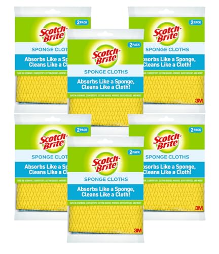 Scotch-Brite Sponge Cloth – 12-Pack (6 Packs of 2 Each), Reusable and Washable, Highly Absorbent, Multi-Purpose Cleaning Cloths