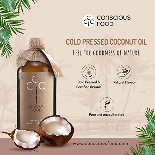 Image of Conscious Food Cold Pressed Coconut Oil in Glass Bottle | Certified Organic | 100% Pure | Good for Cooking | Boosts Heart Health Skin Care | Coconut Oil - 100ml
