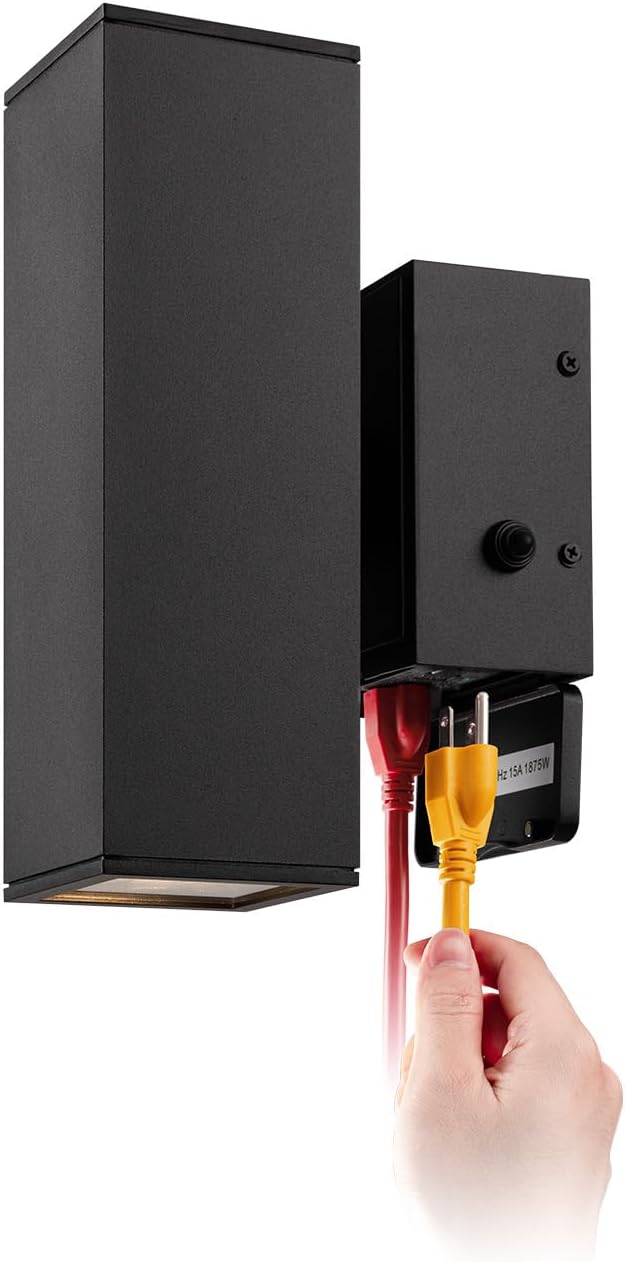 mirrea 12" Modern Outdoor Porch Light Patio Light with Built-in GFCI Outlet 2 Lights in Aluminum Rectangular Tube and Tempered Glass Cover Waterproof Wall Sconce (Matte Black)