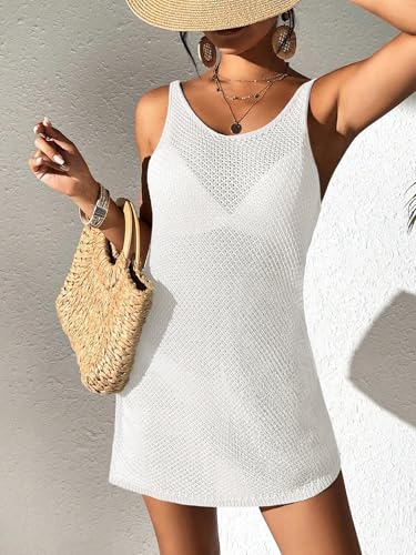 Womens Crochet Floral Knit Loose Fit Beach Mini Dress Summer 2025 Sexy Backless V Neck Bathing Suit Cover Up4