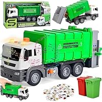 SGM JS108 Garbage Truck, Waste Management Recycling Truck with Trash Cans, Friction Powered with Light & Sound, Back Bump, Educational Toy for Toddlers & Kids